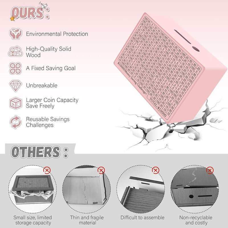 Gomyrod Wooden Money Saving Box, Cash Vault Savings Box for $10000 $5000 $3000 $1000 $800 $500 Target Money Saving Challenge, Reusable Money Box with Counter, Dry Erase Pen/Savings Trackers/Rubber Band-Pink - Image 3